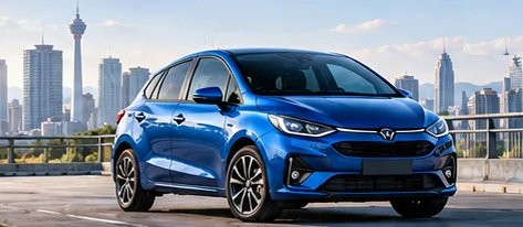 Illustrative concept image: a blue city hatchback with Kuala Lumpur towers behind
